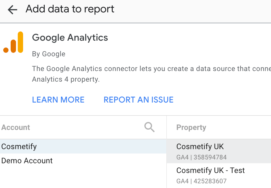 a screenshot from GA4 showing how to add data to a report, first selecting the account then the property